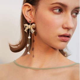 Xerling Pendientes de borla de perlas de oro con lazo y lazo de lazo para novia y mujer