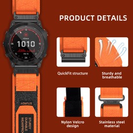SumRioo QuickFit 26 mm Bracelet for Garmin Fenix 7X Pro Solar/7X Pro/7X Solar/7X/6X Solar/6X Pro/6X/5X Plus/5X, Nylon Watch Strap for Garmin Fenix 3/3HR/Epix Pro 51 mm/Tactix Delta Solar, Orange