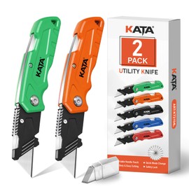 KATA Folding Box Cutter Knives - Heavy Duty Utility Knife Box Cutters with Extra 10pcs Razor Blades - 2-Pack Pocket Knife Plastic Cardboard Opener Tool - Gifts for Men Cutting Cartons, Leather, Rope
