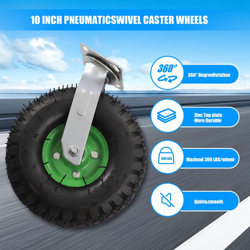 10" Pneumatic Caster Wheels Set of 4 – Heavy Duty