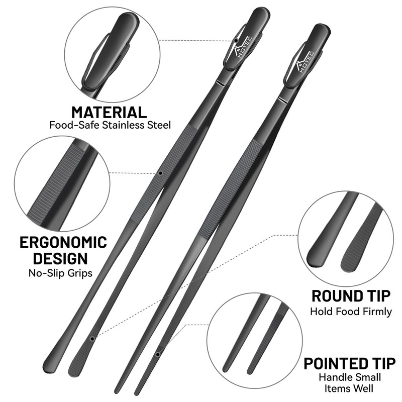 HOTEC Stainless Steel Kitchen Tweezers Tongs, 2 Pcs 12Inch Professional