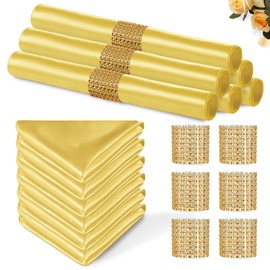 Eychei 100 Pack Gold Satin Napkins and Napkin Rings Set, 12 x 12 Inch Silky Soft Cloth Napkins Set of 50, Square Satin Dinner Table Napkins Bulk for Wedding Banquet Graduation Party Decoration