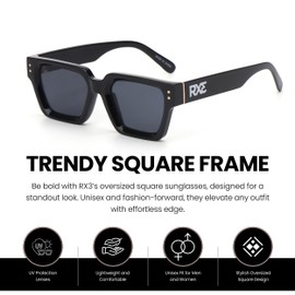 Real recognise real London Square Sunglasses for Men & Women – Trendy Square Frame Glasses with UV Protection Lenses, Unisex Lightweight Sunglasses - Black