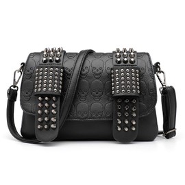 LUI SUI Gothic Punk Skull Rivet Rivet Crossbody Bag PU Leather Messenger Shoulder Bag Handbag Wallet Purse for Girls Women, black, punk