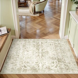 Small Rug Sage Green Floral Throw Rug 2x3 for Entryway Bathroom Kitchen, Non-Slip Low-Pile Washable Distressed Modern Boho Floor Carpet for Laundry Room, Indoor Washstand Vanity Front Mat 24x36 Inch