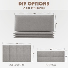 Yojoker Upholstered Wall Mounted Headboard, 3D Soundproof Wall Panels Peel and Stick Floating Twin Headboard, Boho Dorm Tufted Bed Headboard in Gray (4 Panels, 10" x 24")