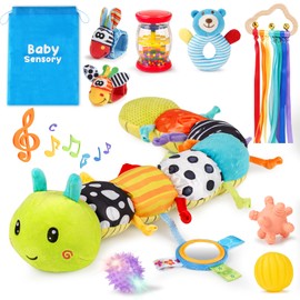 Joyreal Baby Toys 0-6 Months, 10pcs Newborn Sensory Toys Set, Baby Musical Caterpillar Toys, Rattles, Ribbons, Baby Essentials Baby Sensory Box, Newborn Baby Gifts for 3 6 9 12 Months