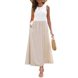 Zattcas Summer Dresses for Women 2025 Sleeveless Tank Top Patchwork Knit Crew Neck A Line Flowy Modest Business Casual Work Teacher Church Long Maxi Dress with Pockets White Apricot S