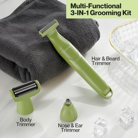 BarberBoss Set per la toelettatura dei dettagli, 3 in 1, per uomo, barba, parrucchiere, body groomer, trimmer naso e orecchie, rasoio senza fili con ricarica USB (Verde)