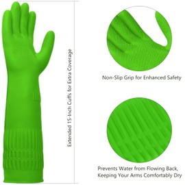 AinuScinsYoe Reusable Rubber Cleaning Gloves - Waterproof, Non-Slip 15" Long Cuff Kitchen Gloves for Dishwashing, 3 Pairs (Yellow, Red, Green), Large