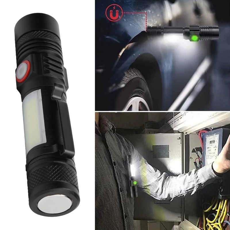 T6+COB Electric Torch Telescopic Zoom Powerful Flashlight Dual Light Sources