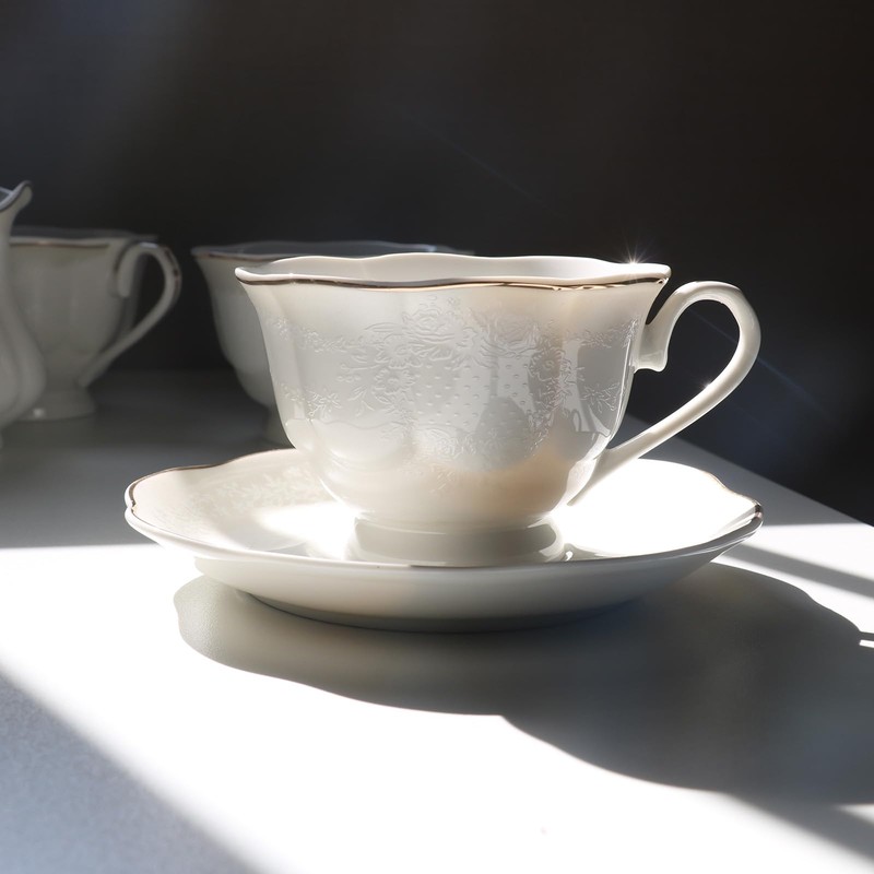 GuangYang 15-pcs Porcelain Tea sets for Adults, Off White Embossed