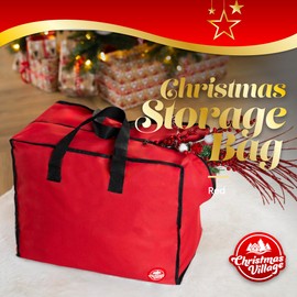 Christmas Village Premium Christmas Decoration Storage Bag Organiser Lights Zip Up Sack Xmas - Stores Ribbon Tinsel Wreath Stocking Lights Bow Tags, Gift Wrap Paper Tidy (Red)