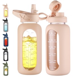 CIVAGO 32 oz Glass Water Bottle with Straw and Handle, Large Sports Motivational Water Bottle Flask with Time Marker and 2 Lids, Leakproof Water Jug Canteen with Silicone Sleeve for Gym,Beige