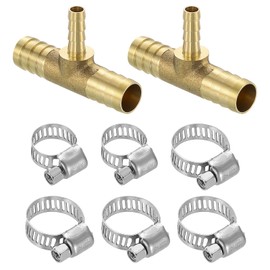 sourcing map 10pcs Brass Tee Barb Fittings, 3-Ways Tee 1/2" x 1/4" x 1/2" Barbed Hose Reducer, Tee Brass Barb Fitting Reducer with 30pcs Hose Clamps for Water Fuel Air