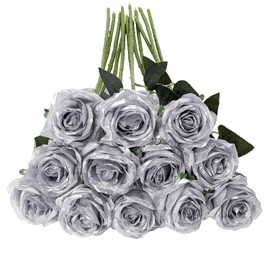 Tifuly - Rosas artificiales plateadas de seda - 12 piezas, ramo de rosas de tallo largo realistas, flores de seda falsas para centro de mesa de fiesta, hogar, boda, decoración de hotel y oficina