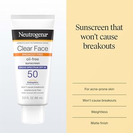 Neutrogena Clear Face Sunscreen Lotion SPF 50 for Acne-Prone Skin Broad Spectrum UVA UVB Protection Oil-Free No-Fragrance No-Oxybenzone Water-Resistan