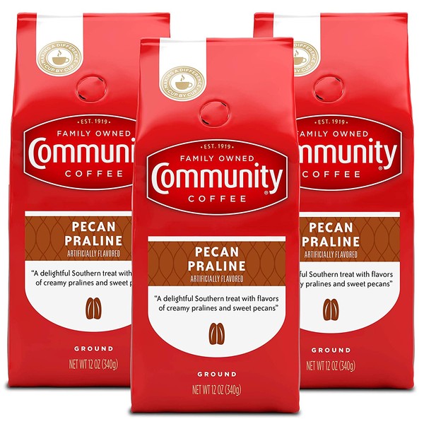 Community Coffee Pecan Praline Flavored Medium Roast Coffee, Ground, 12 Ounces (3 Pack)