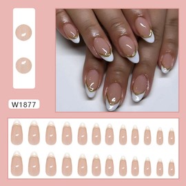Almond Press on Nails Medium Length Fake Nails Glossy Full Cover White French Press ones with Gold Tip designs Nude Stick on Nails Reusable Gel Glue on Nails for Women False Nails 24pcs