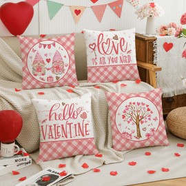 Pink Valentine's Day Pillow Covers 18 x 18 Inch Set of 4, Valentines Decor Love Heart Designs Decorative Pillowcases for Home Sofa Couch Cushion Decoration