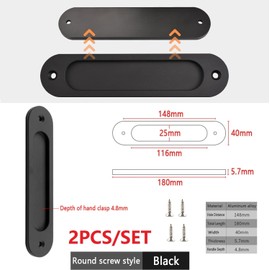 MiJunHD Recessed Sliding Door Pull, 2Pcs Oval Matte Black 180 * 40mm Solid Aluminum Alloy Flat Bottom Handle Finger Pull with Screws for Sliding Barn Door,Closet,Cabinet,Windows