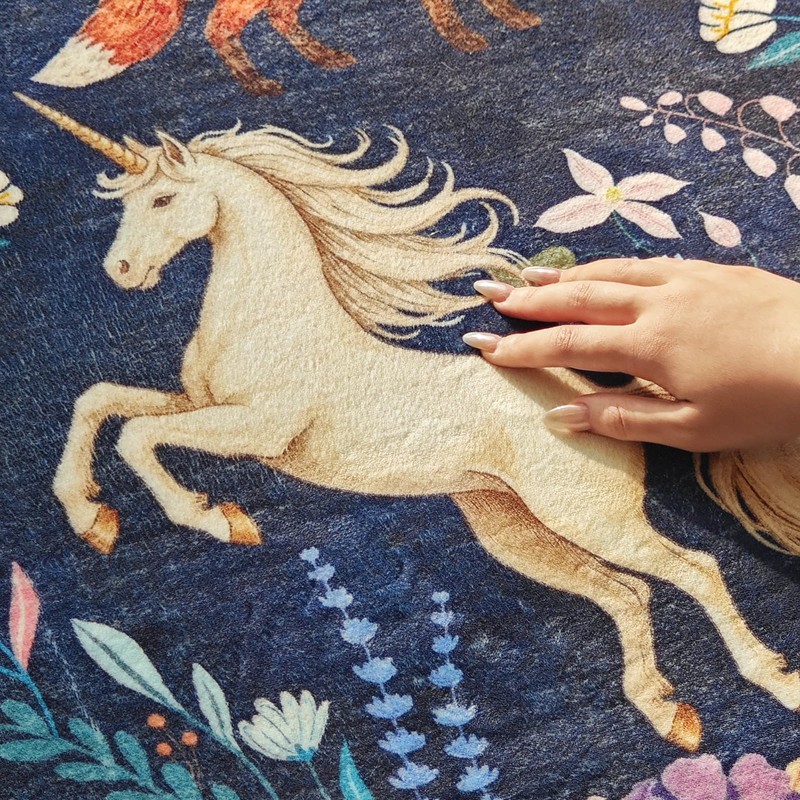 6ft Round Rug Washable Kids Rug Whimsical Playroom, Navy Blue