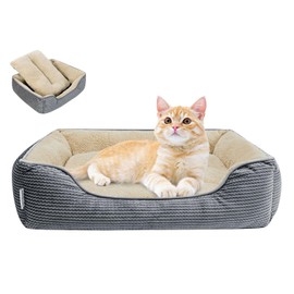 Miguel Washable Cat Beds for Indoor Cats with Removable Cushion/Pillow, Easy to Wash Small Dog Bed with Side, Large Rectangle Kitten Bed Cuddle Puppy Bed with Anti-Slip Bottom, Gray 20 Inch