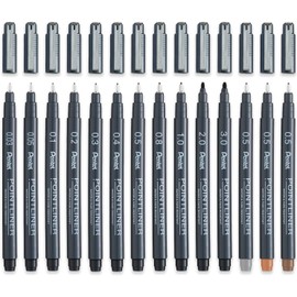 Pentel Pointliner YS20P-14 Set of 14 Fineliner Pens with 2 Calligraphy Tips, Waterproof and Non-fading, 0.03 mm to 3.0 mm