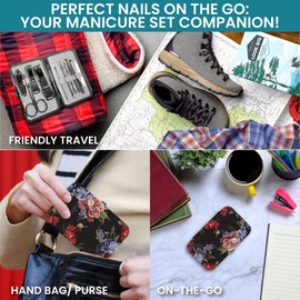 Manicure Set 10 in 1 Stainless Steel Manicure Kit Professional Pedicure Grooming Kit Portable Pedicure Kit Nail Tools & Accessories Hair Facial Care and Nail Care for Men and Women (Black Floral)