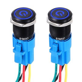 DMiotech 2 Pack 19mm / 3/4" Aluminium Alloy Momentary Push Button Switch Flat Head 3A 12-24V Black Shell 5 Pin with Cable Socket Blue Switch LED 1NO1NC for Car Boat Systems Custom Setups