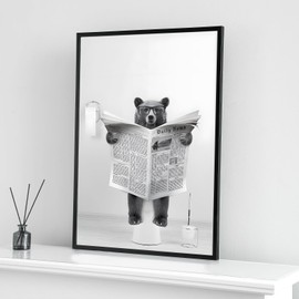 Cute Newspaper Animal Wall Art Black and White Canvas Printed Cabin Bathroom Decoration Bathtub Wall Picture, Frameless (Bear 2, 1 Pieces - 40 x 60 cm)