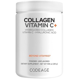 Codeage Péptidos de colágeno en polvo + vitamina C, enzimas digestivas, ácido hialurónico, aminoácidos, proteína hidrolizada, colágeno tipo I y III, colágeno alimentado con hierba, sin OMG, sin gluten, sin sabor, 10 onzas