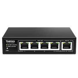 YuanLey 5 Port PoE Extender Gigabit with 4 PoE Out, 90W in, IEEE 802.3af/at/bt Mini 5 Channel Switch1000Mbps, Metal Casing, 6KV Lightning Protection, Passthrough Switch, Plug and Play