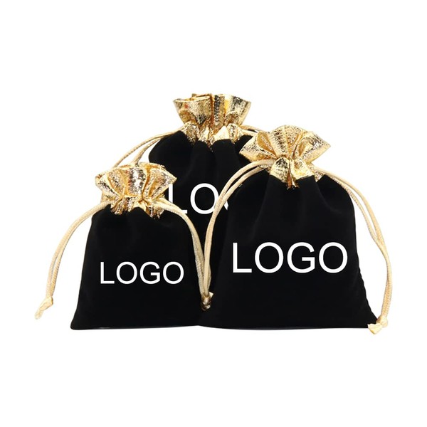 TopTie Custom 50 PCS Velvet Gift Pouches with Logo, Gold-Trimmed Jewelry Bag with Drawstrings for Party Favors, 4.7 x 6 Inches