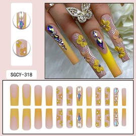 FIEONCIY Press on Nails Coffin Long Length Acrylic Glossy Full Cover Square Shaped French False Nails with Designs Artificial Extra Long Fake Nails with Charms Glue ons Fingernails for Women(SGCY318)