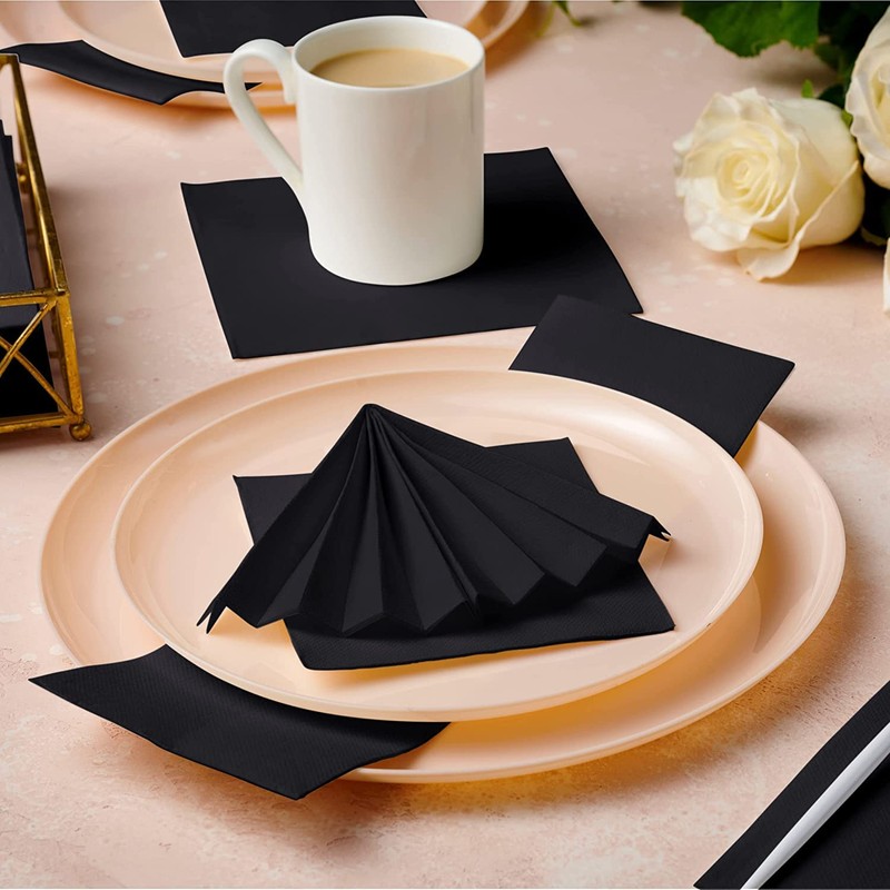 JEBBLAS Cocktail Napkins Disposable Beverage Bar Napkins Black Linen-Like Square