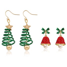 Gleamart 2 Pairs Christmas Earrings Set Gifts for Women Drop Dangle Christmas Tree Jingle Bell Earrings