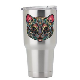 Paisley Cat Face Black Outline - 3 Inch Tall Full Color Decal for Stainless Steel Tumbler - Proudly Made In The USA From Adhesive Vinyl (Tumbler NOT included)