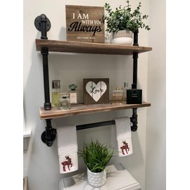 Industrial Pipe Shelf Bathroom Shelves Wall Mounted,19.6in Rustic Wood Shelf with Towel Bar,2 Tier Farmhouse Towel Rack Over Toilet,Pipe Shelving Floating Shelves Towel Holder,Retro Grey
