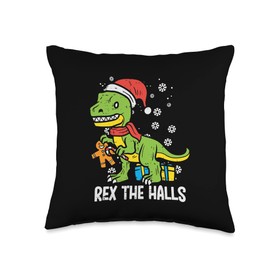Boys Christmas Decor Kids Toddler Pajamas Gifts Rex The Halls Trex Dino Xmas Toddler Boys Christmas PJs Kids Throw Pillow, 16x16, Multicolor