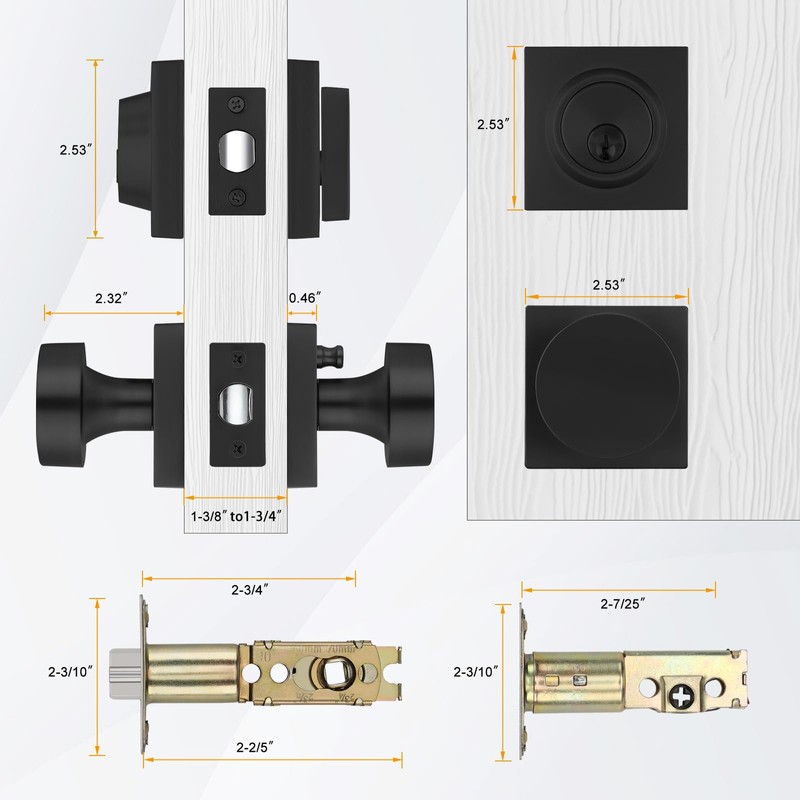 Haidms Black Door Knobs with Deadbolt, Zinc-Alloy Matte Black Front