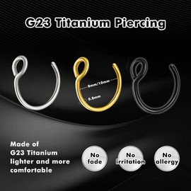 ESHIONER G23 Titanium Fake Nose Piercing Nose Ring Septum Fake Nose Piercing Hoop Set Cartilage Thin Small Helix Hypoallergenic 18G 20G 6 mm / 8 mm / 10 mm Black Gold Silver 3 Pieces Fake Nose
