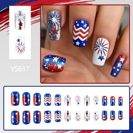 Independence Day Press on Nails Medium, French Tip Square False Nails,24 Pcs 4th of July Nails with Red, White Blue Star Stripe Pattern Glossy Glitter Nails Fireworks Stick on False Nails for Women