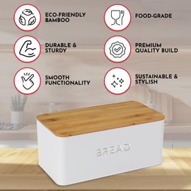 Culinary Couture White Bread Box for Kitchen Countertop with Bamboo Lid - Large Airtight Bread Box for Homemade Bread - Storage Bread Box with Cutting Board Lid