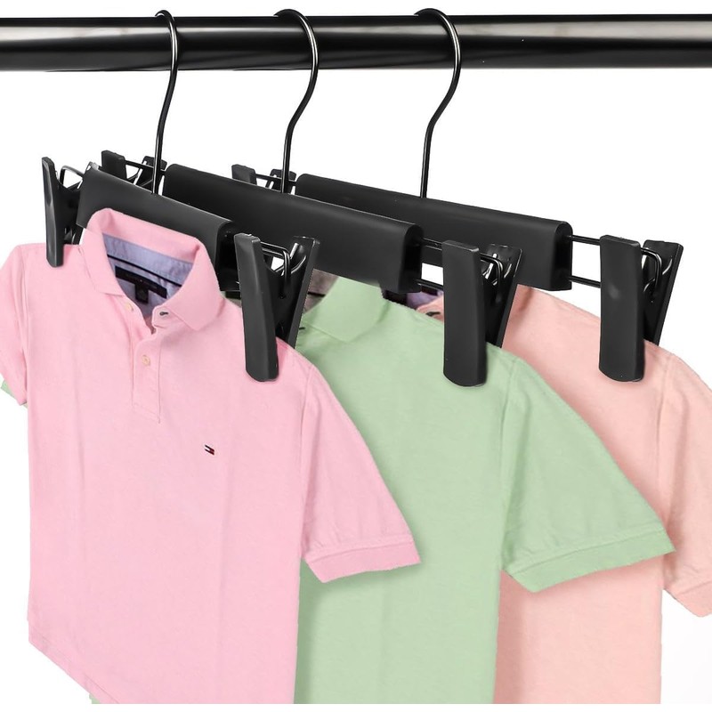 Pants Hangers,Black Clothes Plastic Pant Hangers with 2-Adjustable Anti-Rust Clips