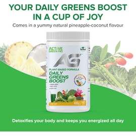 Active Green Pro Greens Powder - 14 Superfoods, Antioxidants, Fiber, Detox & Energy Boost, Pineapple-Coconut Flavor, 40 Servings, Vegan, Gluten-Free