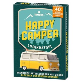 moses. Happy Camper, Logic Puzzle with Addiction Factor for Travel, 40 Reusable Cards with Wiping Pen, Thinking Sports Tasks in 3 Difficulty Levels for Teenagers and Adults