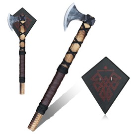 Medieval Viking Axe of Ragnar Lothbrok, Hand Forged Bearded Tomahawk Hatchet with Wall Plaque (Axe + Dark Wall Plaque)