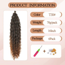 TAOYEMY Deep Wave Crochet Curly Braiding Hair 16 Inch 6 Packs Ocean Wave Crochet Hair Extensions Synthetic Curly Crochet Hair For Women (T30#, 16 inch-6 PC)