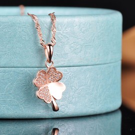 Yumilok 925 Sterling Silver Cubic Zirconia Rose Gold/Silver Four Leaf Clover Pendant Necklace Chain with Pendant for Women, Girls, Silver